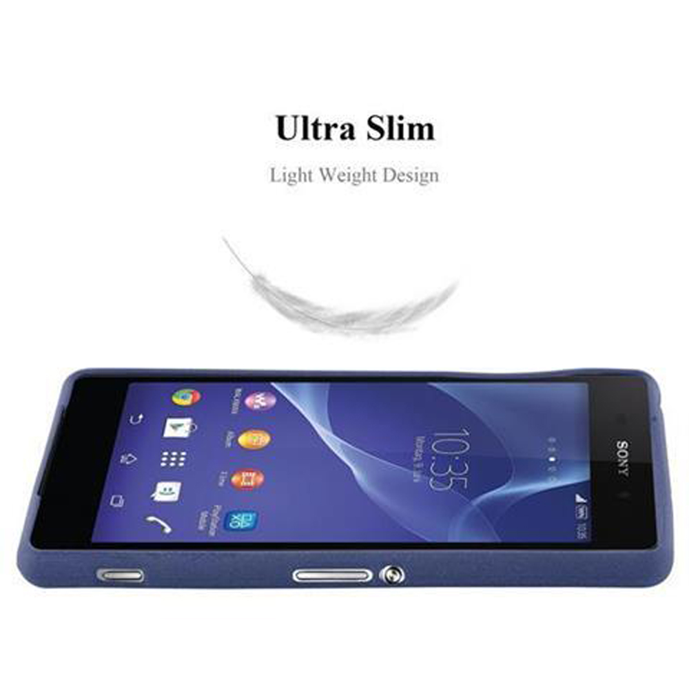 Smartphone Sony blu in custodia, con testo "Ultra Slim" e icona piuma.