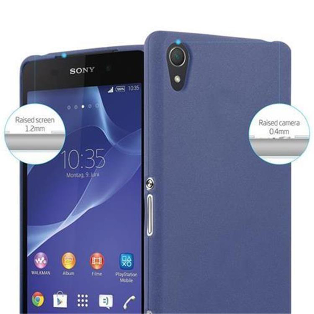Smartphone Sony con custodia blu, vista frontale e posteriore. Schermo e fotocamera rialzati.