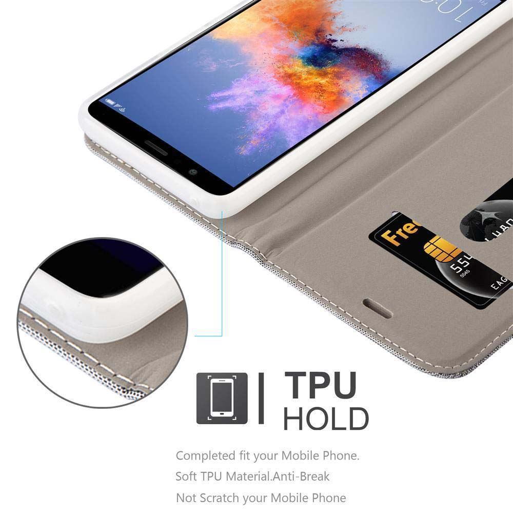 Un telefono in una custodia grigia con slot per carte. Un primo piano mostra il supporto in TPU.