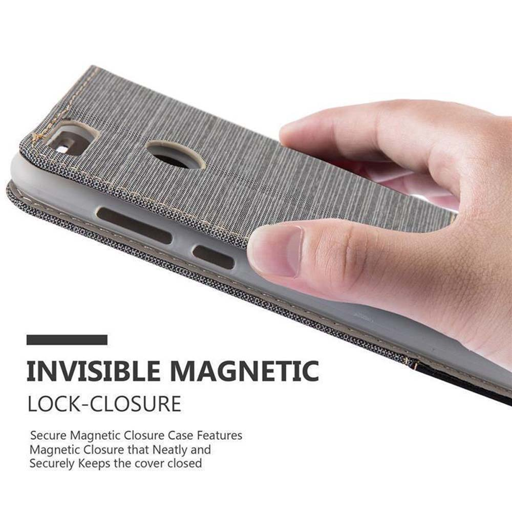 Custodia grigia per telefono con chiusura magnetica, tenuta da una mano.