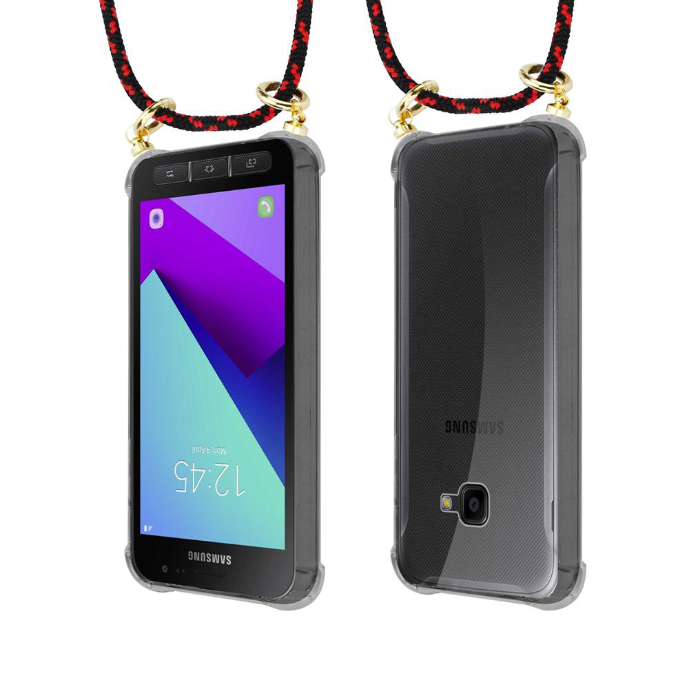Smartphone in custodia trasparente con laccetto, viste frontale e posteriore.
