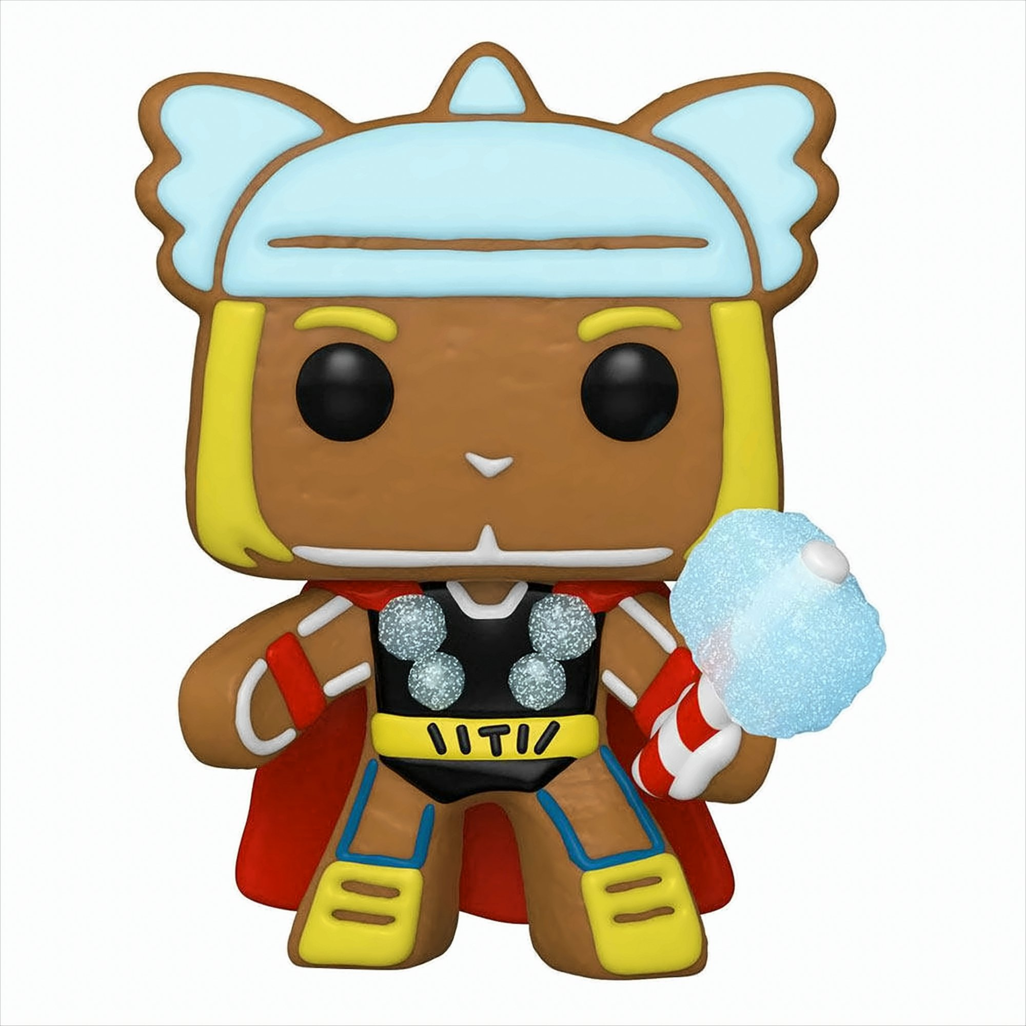 Figura de pan de jengibre como Thor, con martillo, capa roja, acentos amarillos.