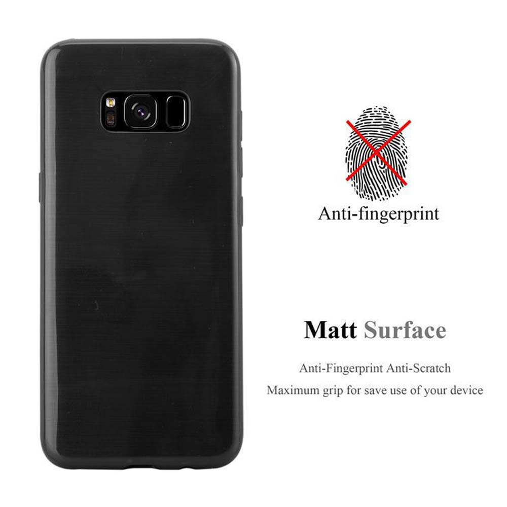 Schwarze Handyhülle mit Fingerabdruck- und Mattflächen-Symbolen.