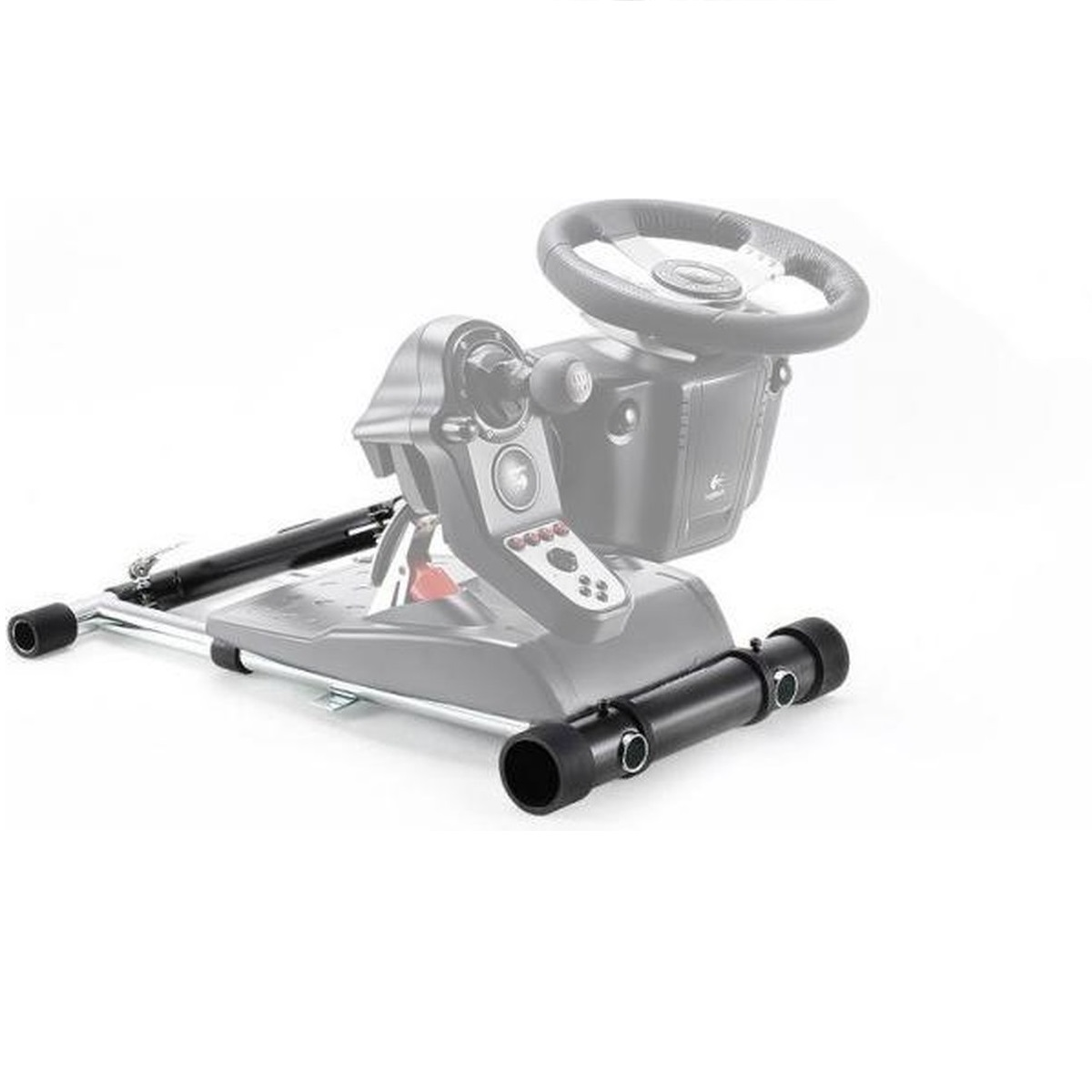 Ein Rennlenkrad- und Gaspedal-Simulator mit schwarzem Lenkrad und Hebel.