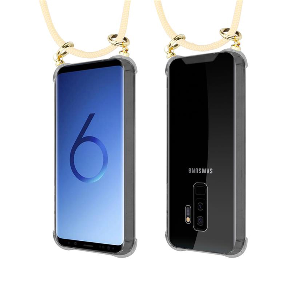 Uno smartphone in custodia con cordino, visto fronte e retro.