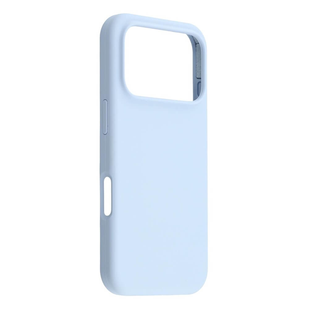 Una custodia per telefono azzurra con ritagli per fotocamera e pulsanti.