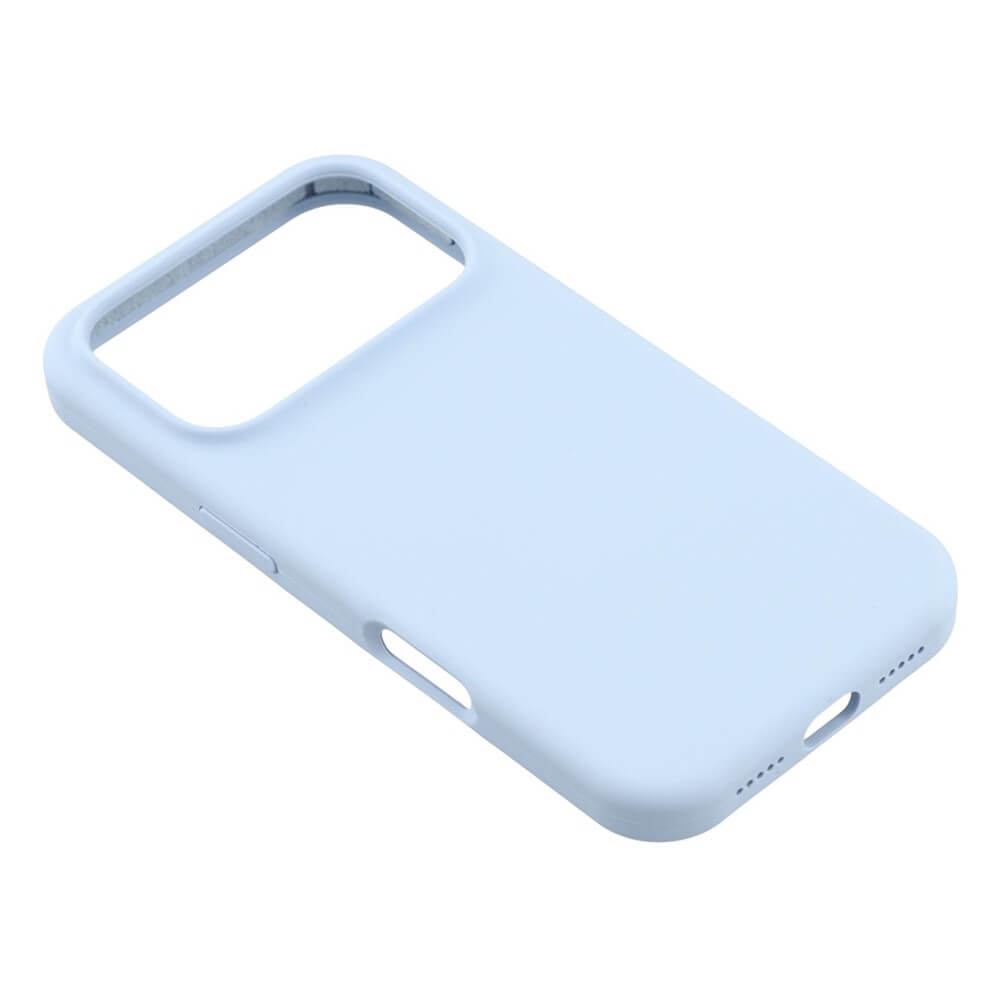 Una custodia per telefono azzurra su sfondo bianco.