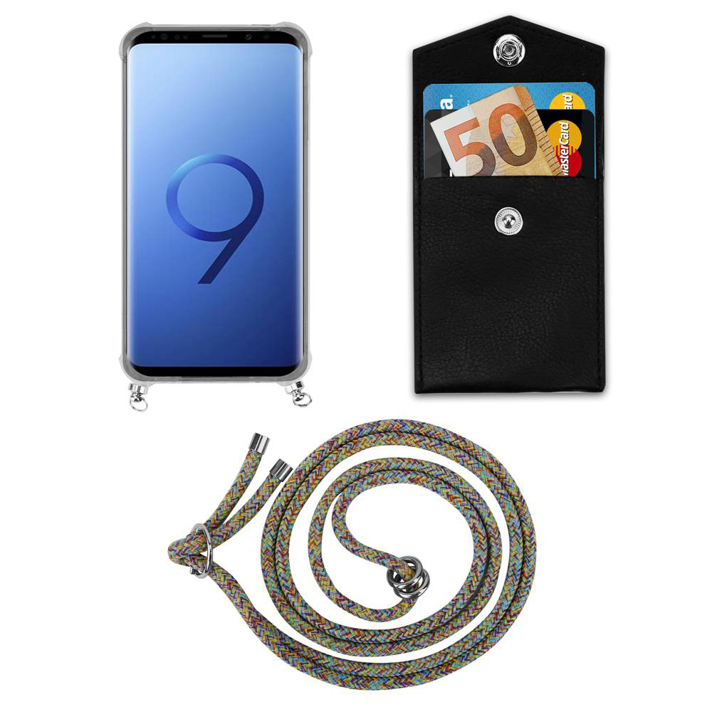 Uno smartphone in custodia, un portafoglio con soldi e carta, e un cordino colorato.