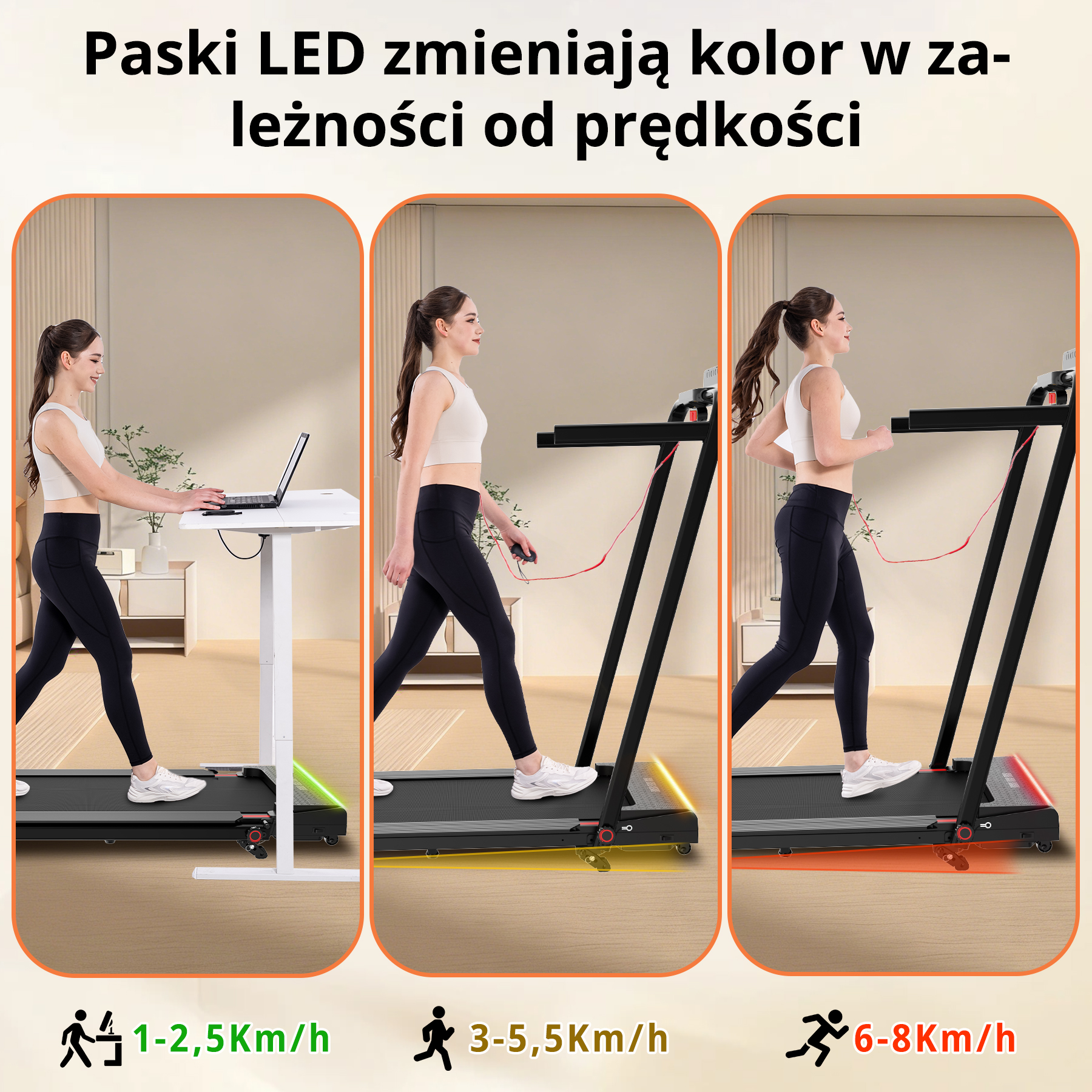 Trzy kobiety na bieżniach, paski LED zmieniają kolor w zależności od prędkości.