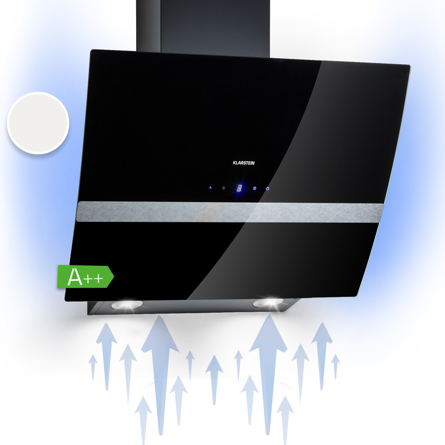 Campana extractora negra con panel táctil y etiqueta energética A++.