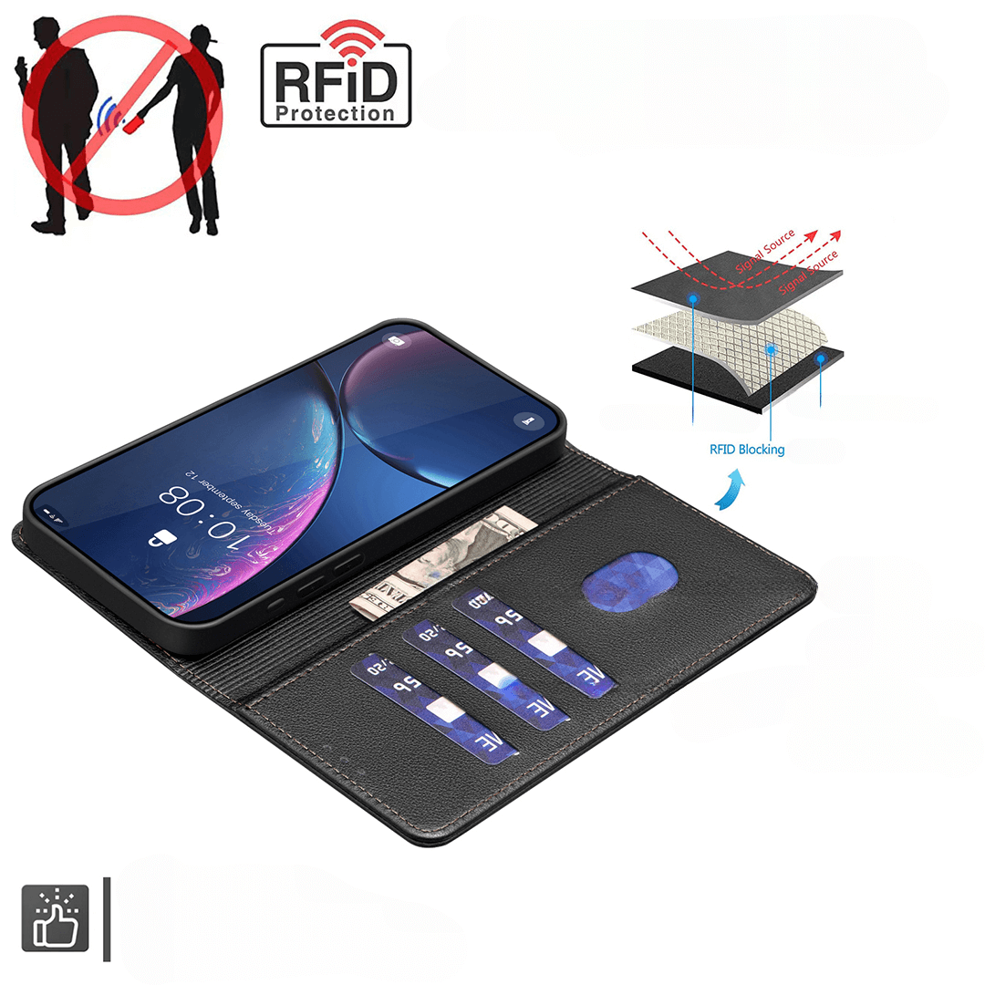 Étui de téléphone noir anti-RFID avec fentes pour cartes contenant cartes et espèces. Téléphone affiche 10:08.