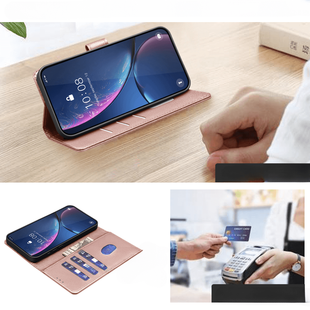 Una custodia a libro rosa dorata per iPhone con slot per carte.