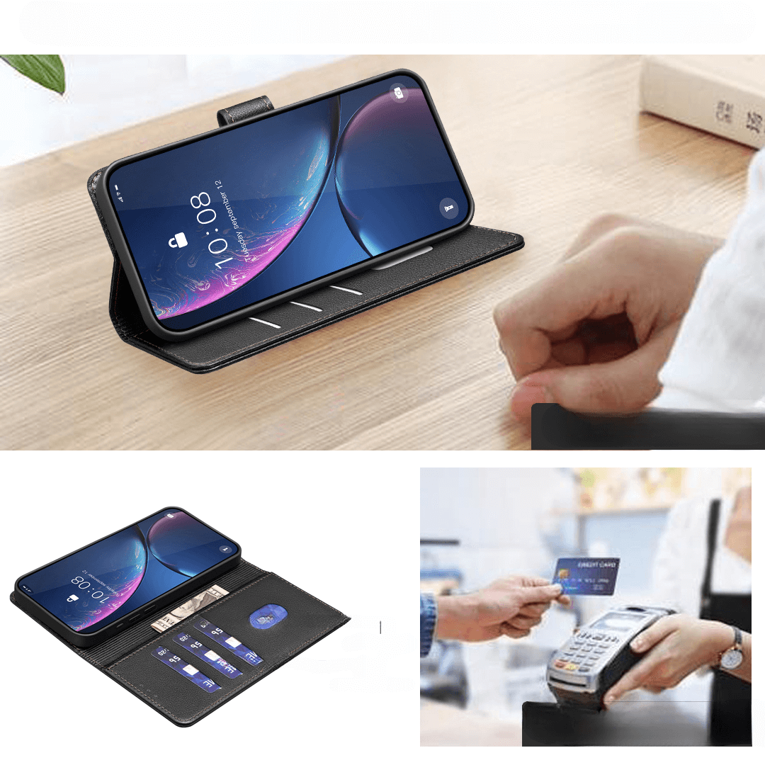 Un téléphone dans un étui portefeuille noir avec emplacements pour cartes et une personne payant par carte.