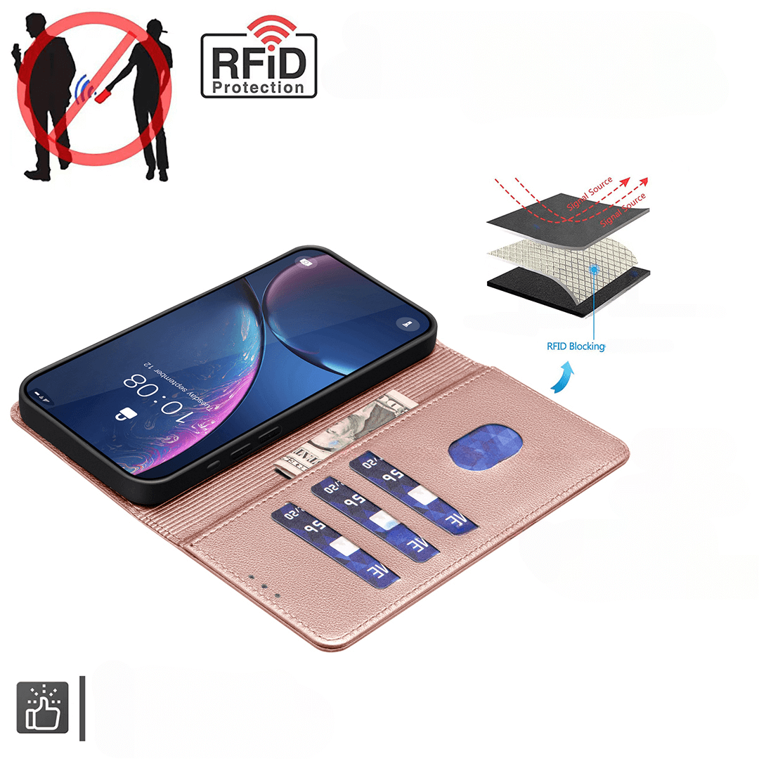 Una custodia per telefono oro rosa con protezione RFID. Mostra telefono, carte e denaro.