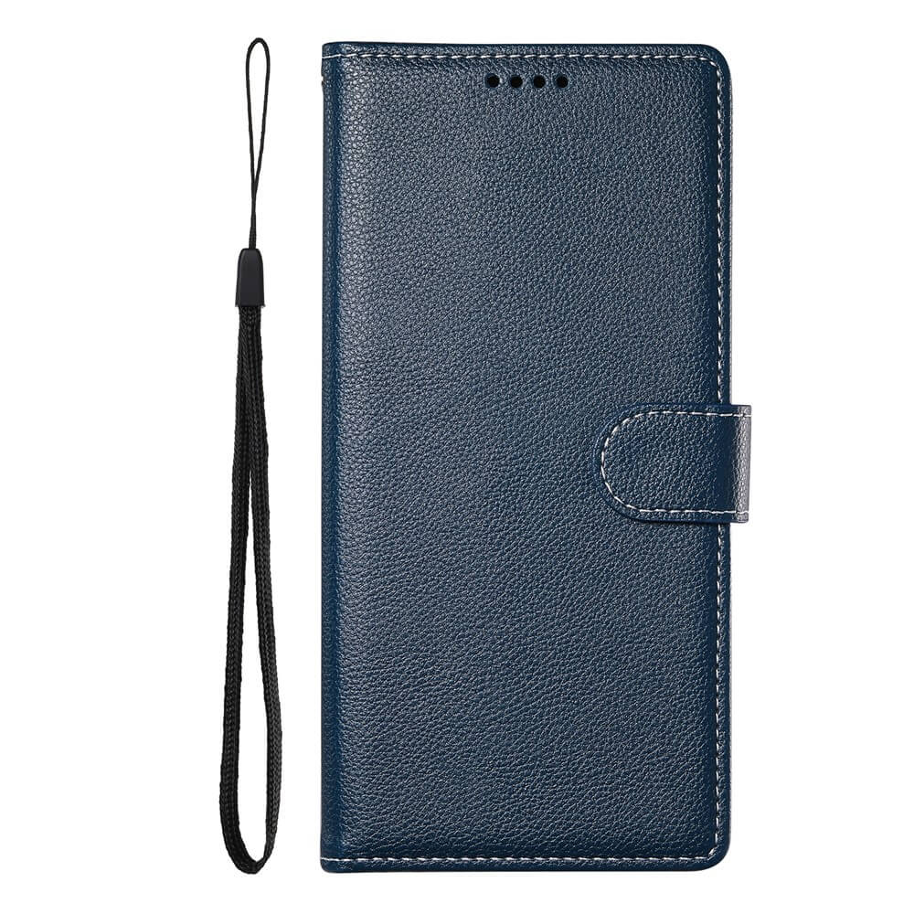 Custodia per telefono in pelle blu scuro con cinturino, cuciture e chiusura a bottone.