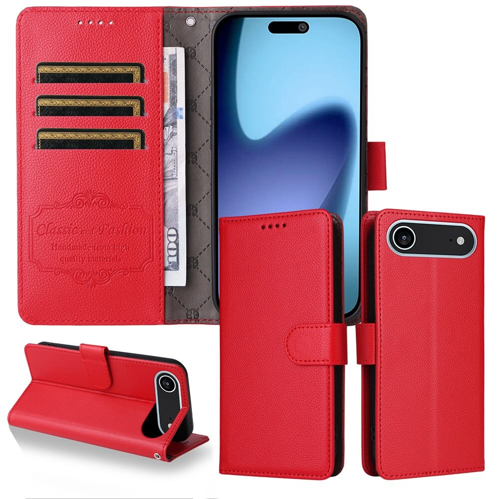 Custodia a portafoglio rossa per smartphone con slot per carte e scomparto.