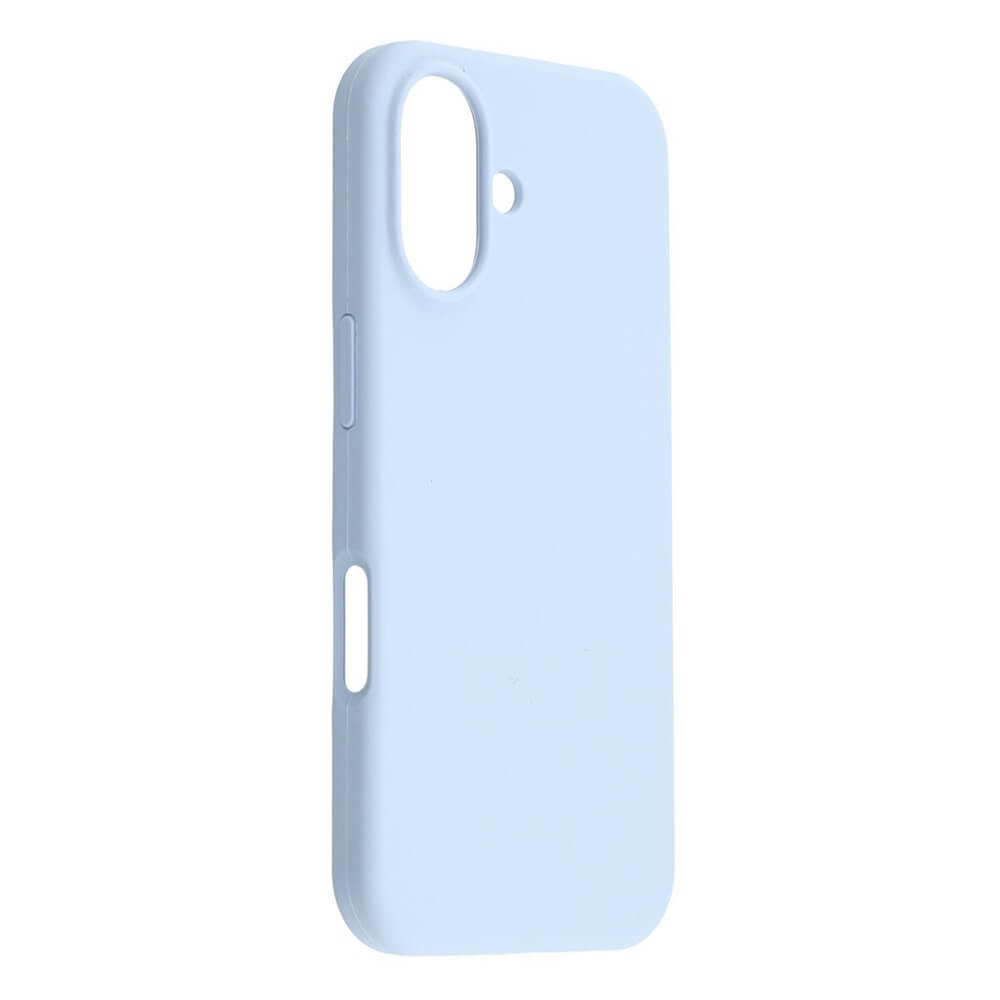 Una custodia per telefono azzurra con ritagli per fotocamera e pulsanti su sfondo bianco.