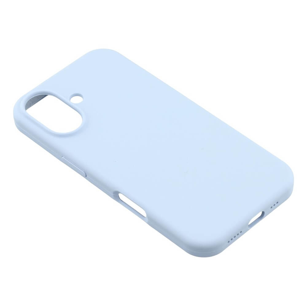 Una custodia per telefono in silicone blu chiaro, isolata su sfondo bianco.