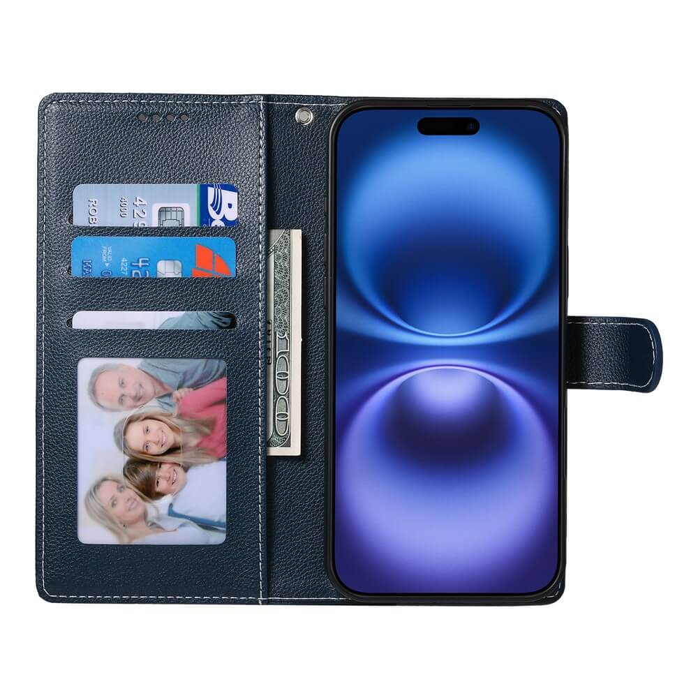 Un portafoglio in pelle blu con telefono, soldi e carte. Lo schermo mostra un motivo blu.