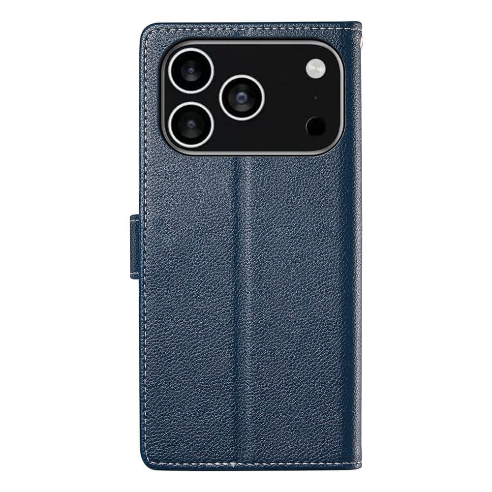 Custodia in pelle blu scuro per telefono con tre obiettivi e flash.