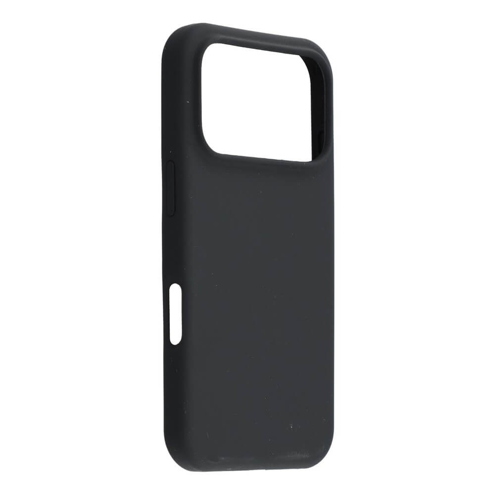 Custodia nera in silicone per telefono con ritagli per fotocamera e pulsanti.