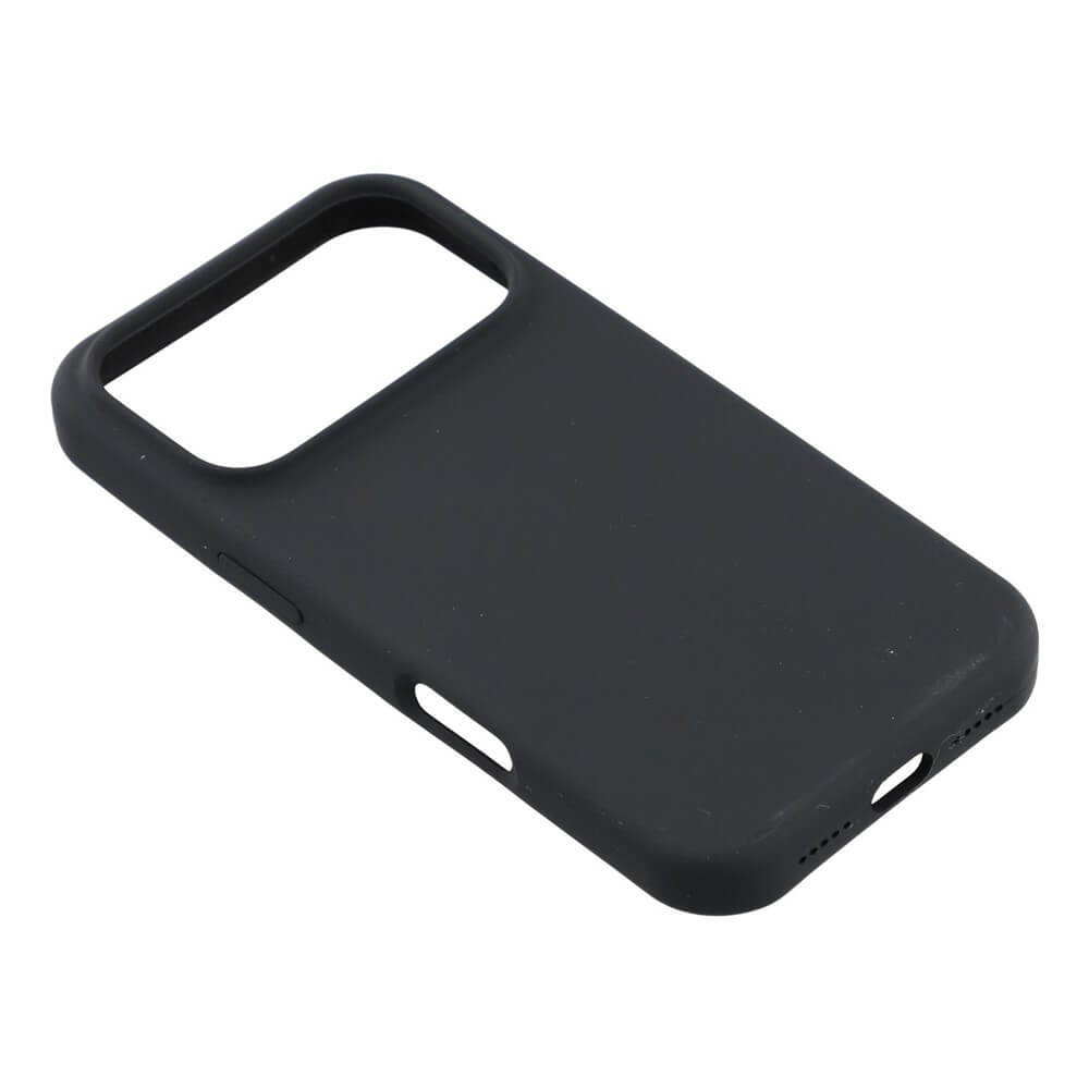 Una custodia nera per telefono con ritagli per fotocamera e porte.