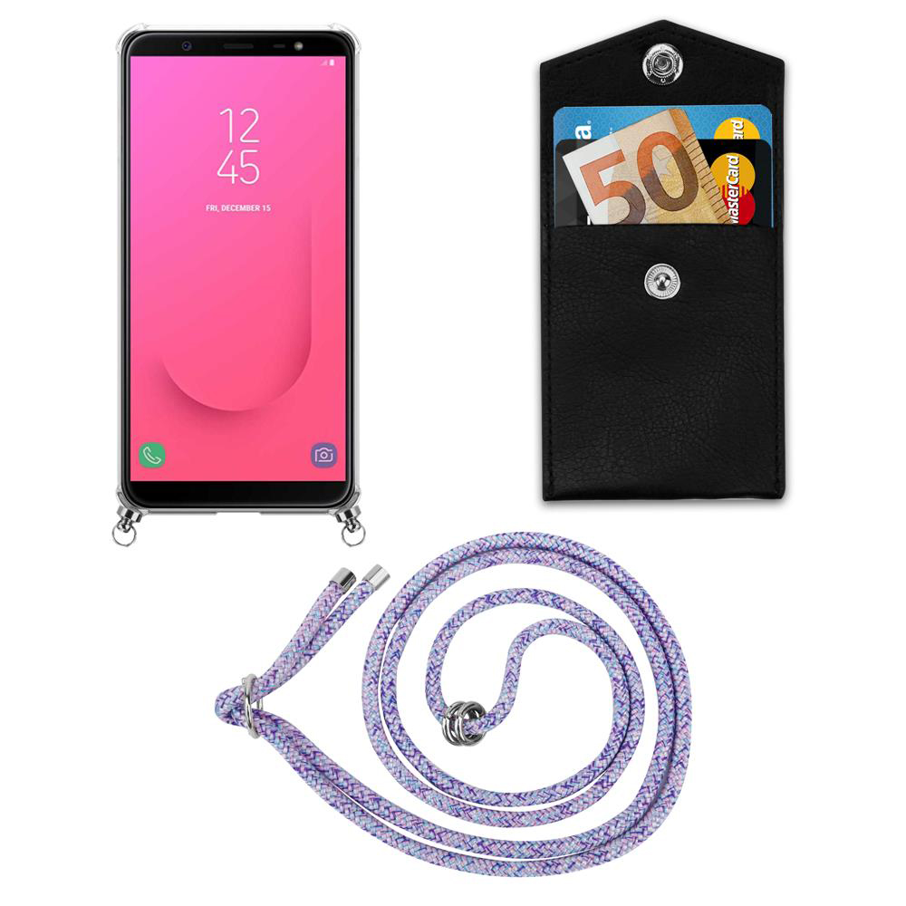 Smartphone mit Pinkem Hintergrund, schwarzer Kartenhalter mit 50-Euro-Schein und lila Trageschlaufe.