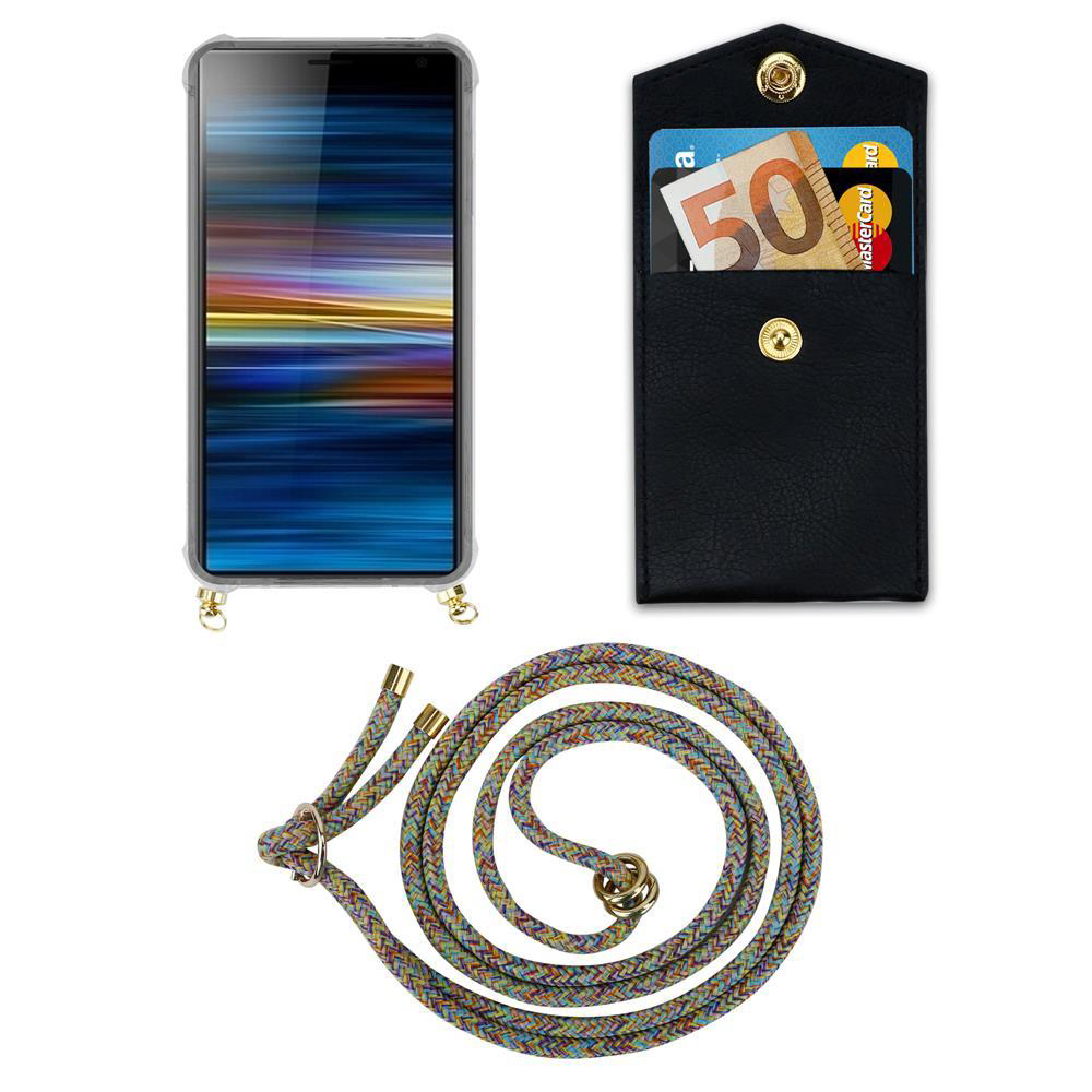 Smartphone mit Hülle, Portemonnaie mit Geld und Karte, bunte Kordel.