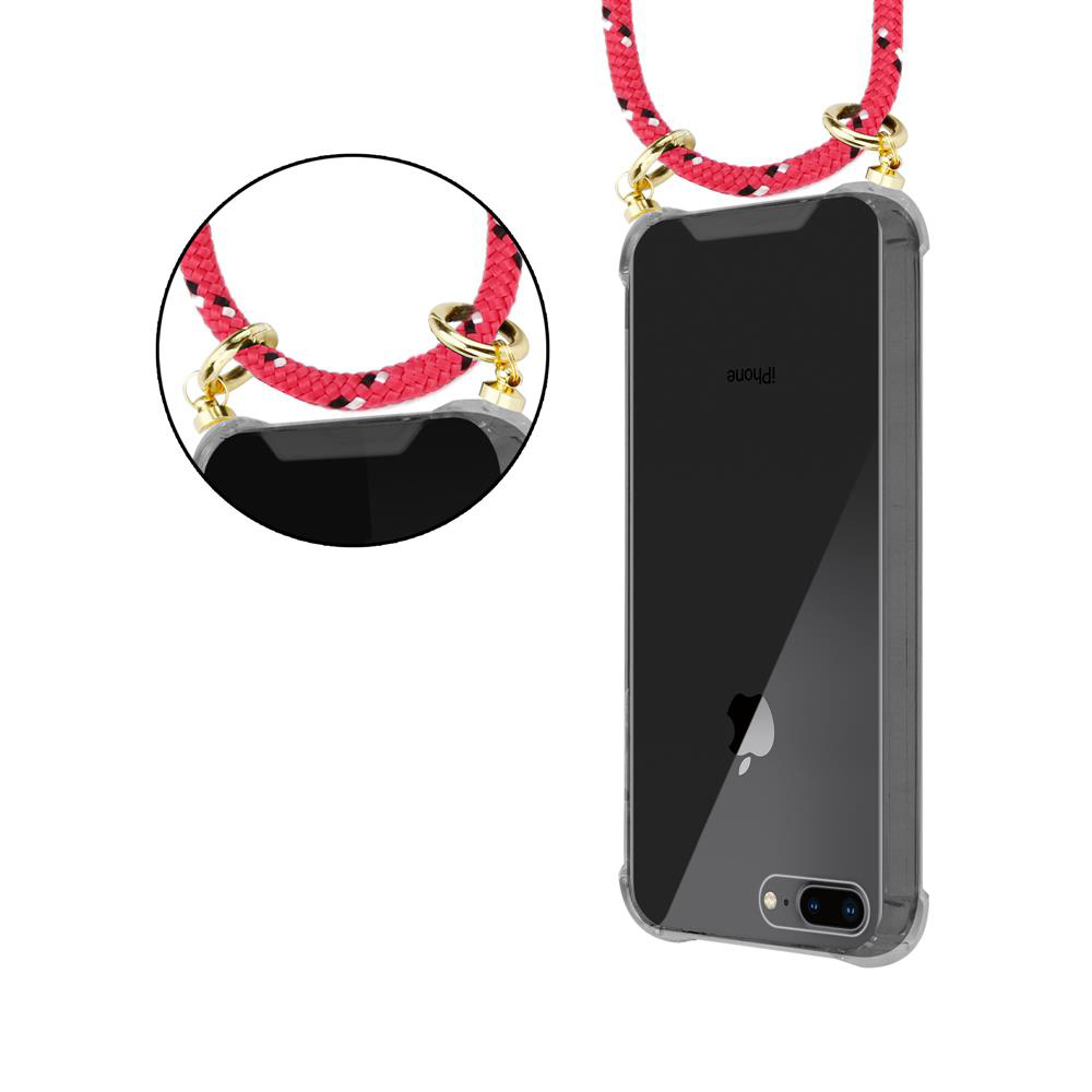 Un iPhone nero in custodia trasparente con cordino rosso e hardware dorato.