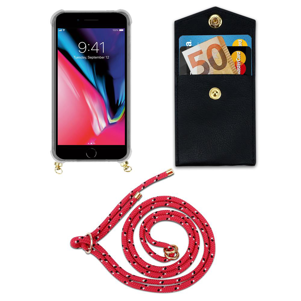 iPhone, portafoglio nero con carte e soldi, cordino rosso fantasia.