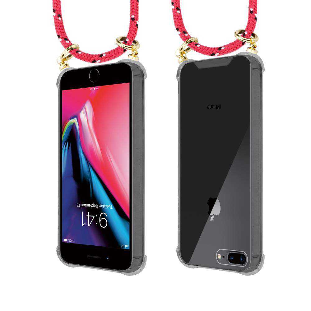 Due iPhone con cordini rossi. Uno mostra la schermata di blocco, l'altro il retro.