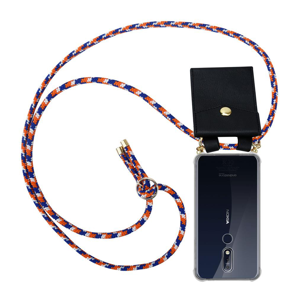 Handyhülle mit Band in Orange, Weiß und Blau. Schwarze Tasche oben.