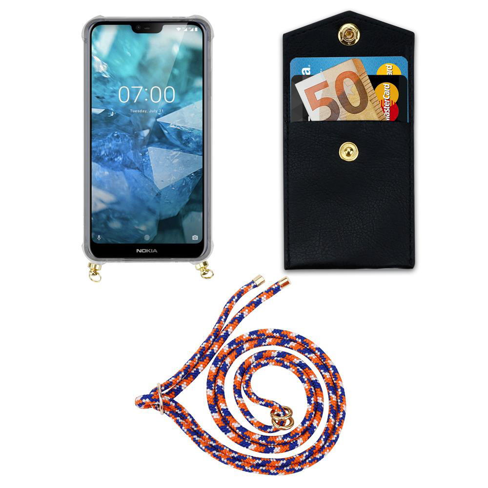 Ein Smartphone mit Hülle, eine schwarze Tasche mit Karten und Geld, und eine Kordel.