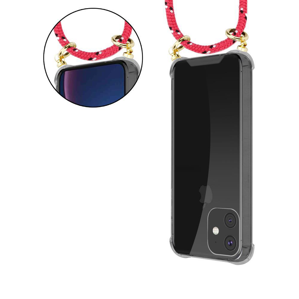 Uno smartphone nero in custodia trasparente con cinturino rosso.