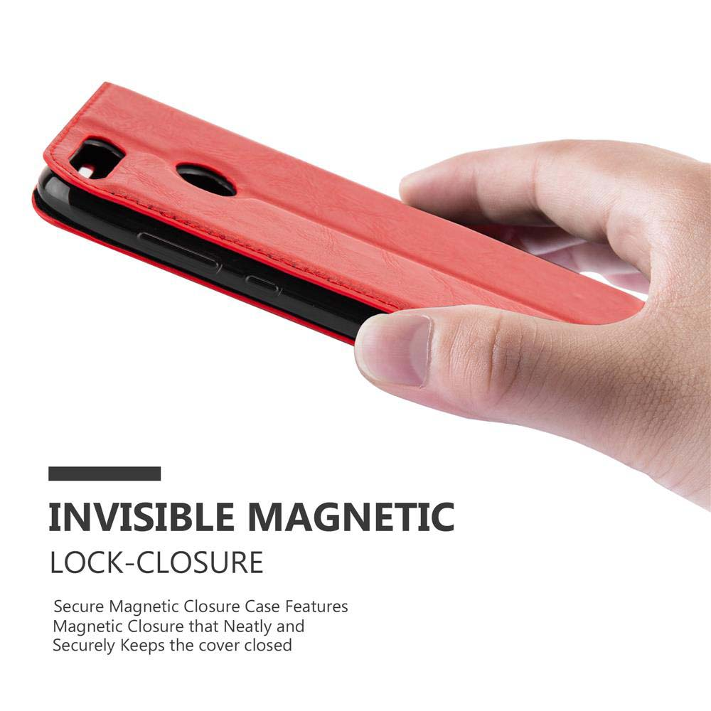 Rote Handyhülle mit magnetischem Verschluss, die von einer Hand gehalten wird.