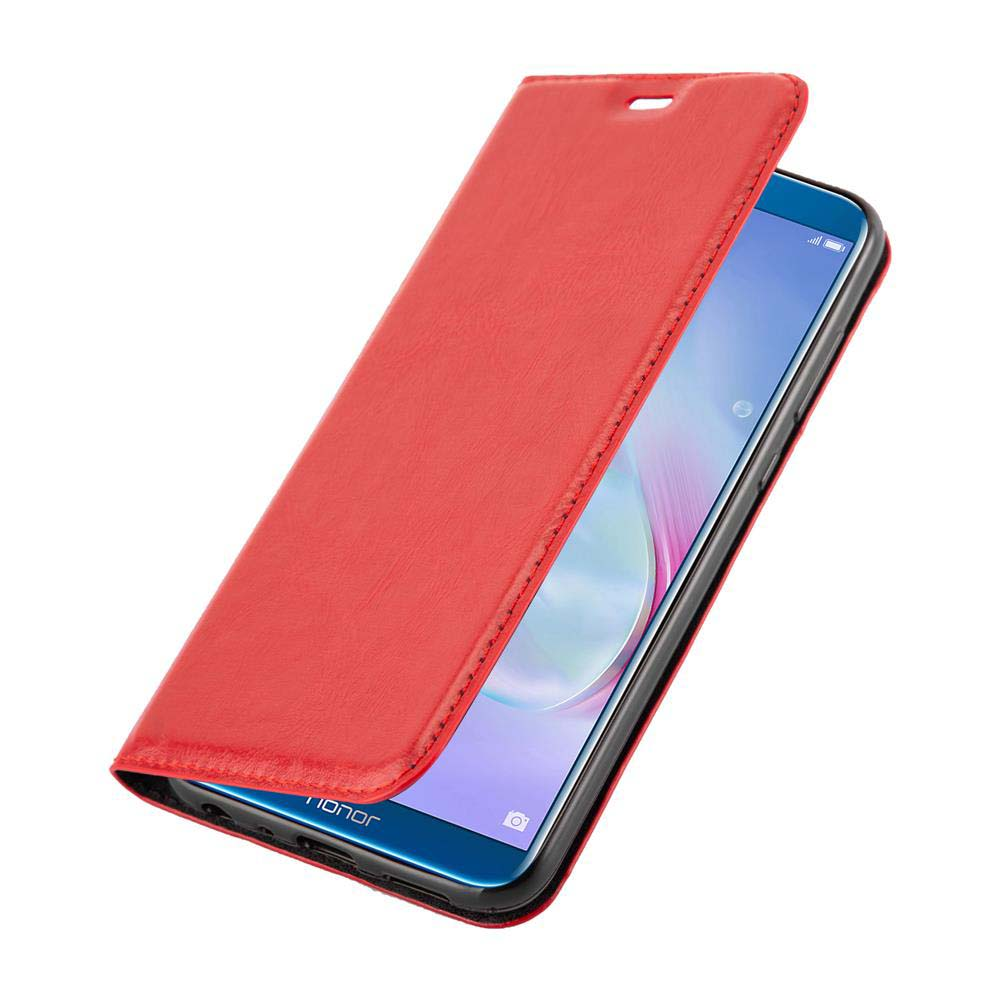 Rote Handyhülle mit aufgeschlagenem Deckel, zeigt das Telefon unter dem Displayschutz.