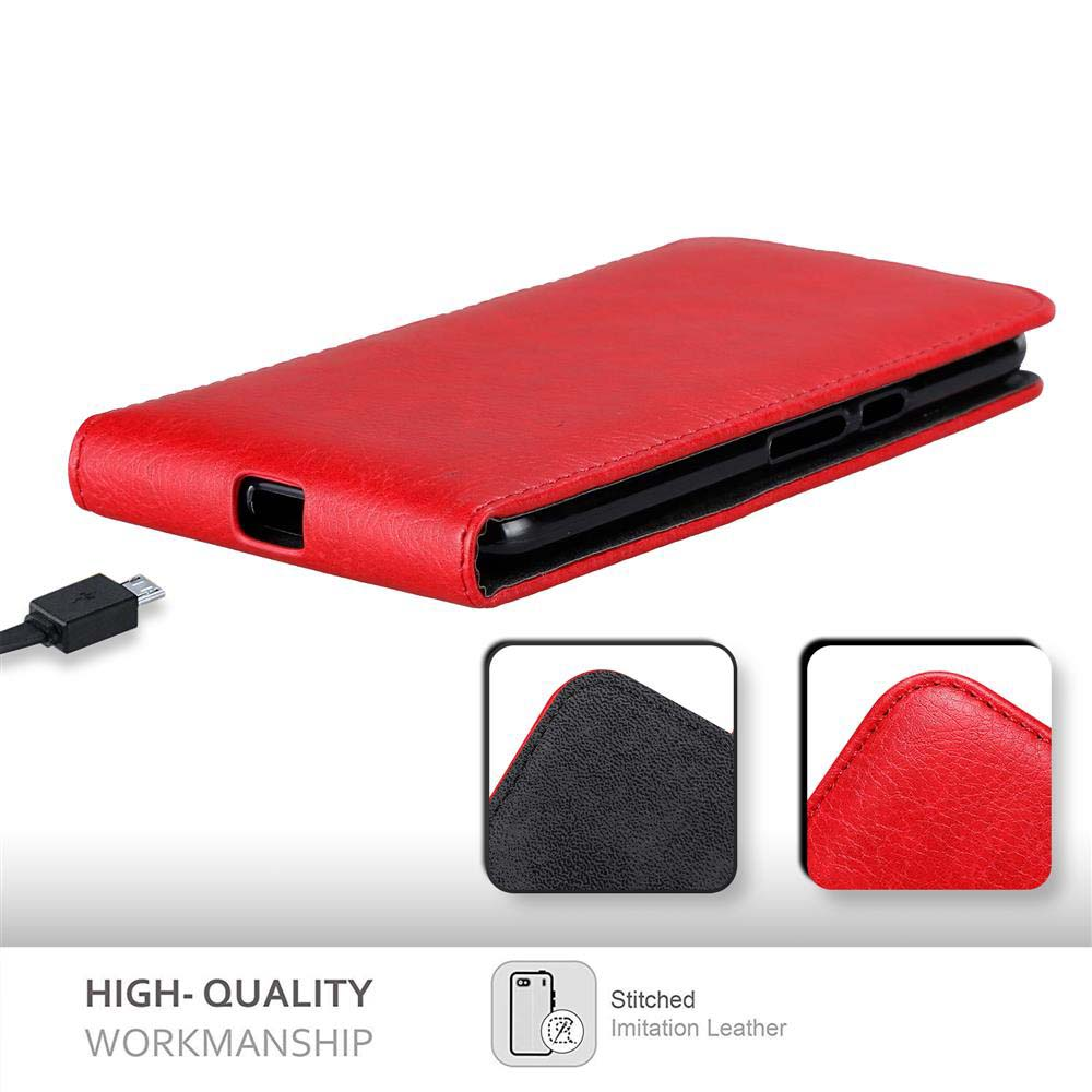 Funda roja para teléfono con puerto de carga y primeros planos de costuras.