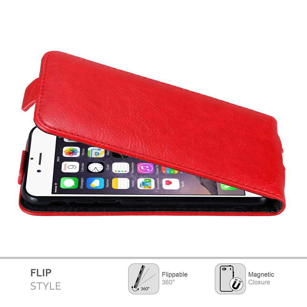Rote Leder-Handyhülle im Flip-Style für ein iPhone mit sichtbaren App-Symbolen.