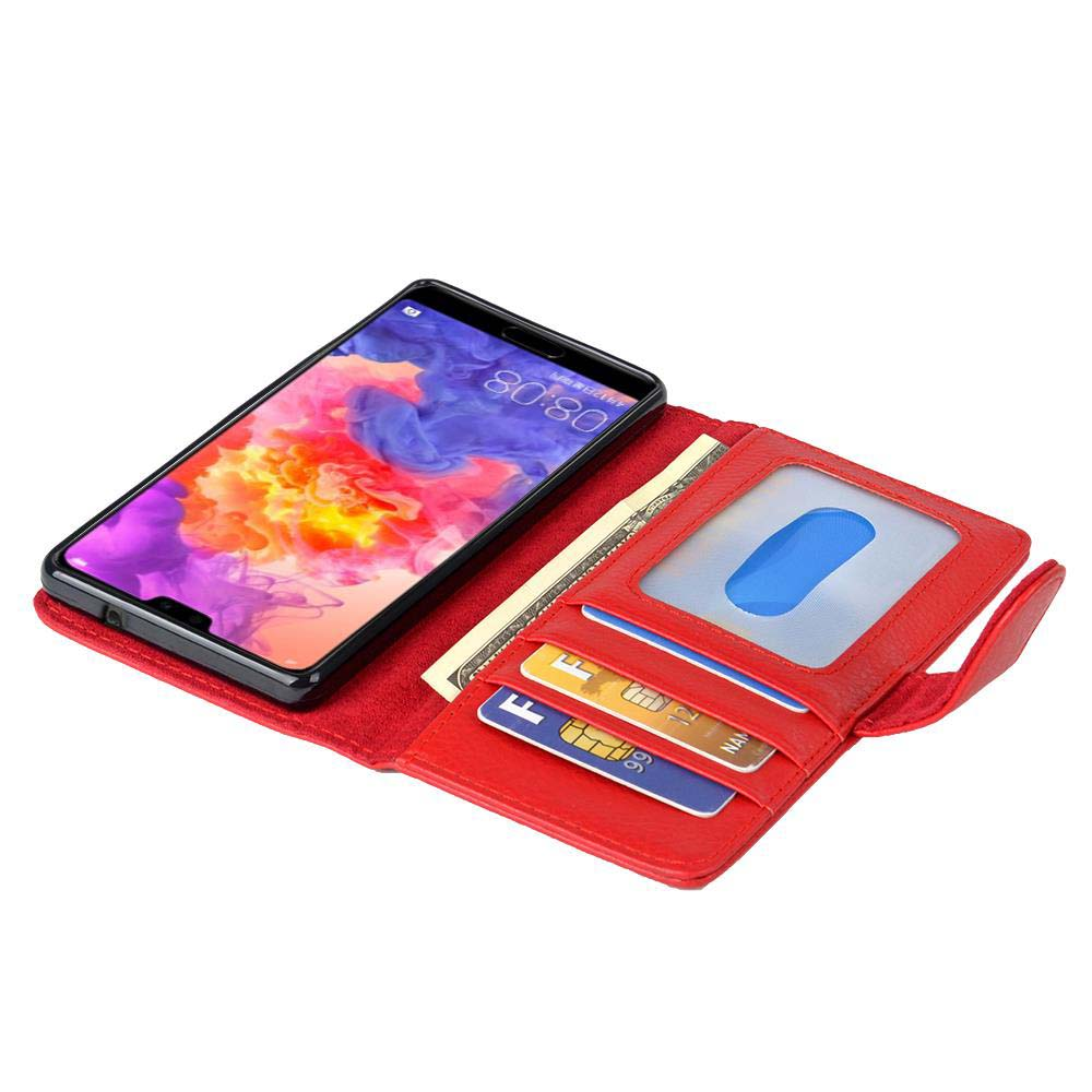 Custodia rossa per telefono con smartphone, banconote e carte di credito.
