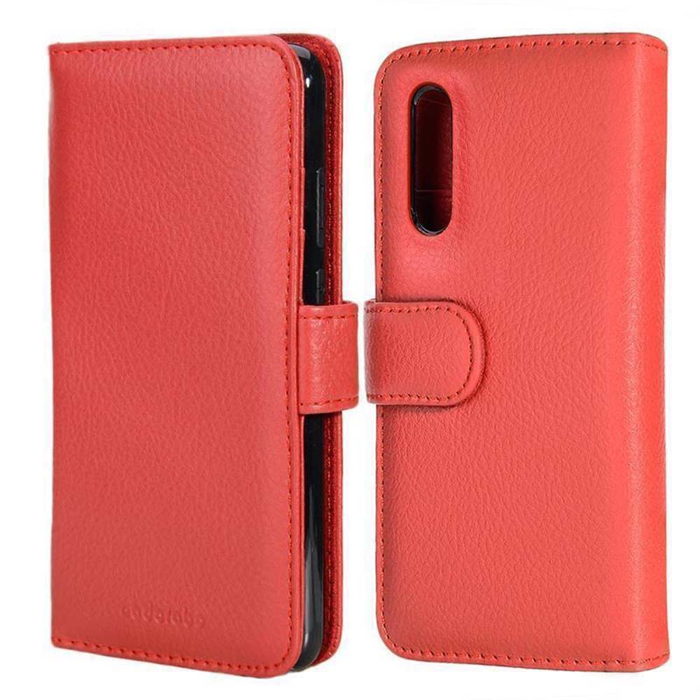 Custodia per telefono rossa a portafoglio, chiusa, con porta carte.