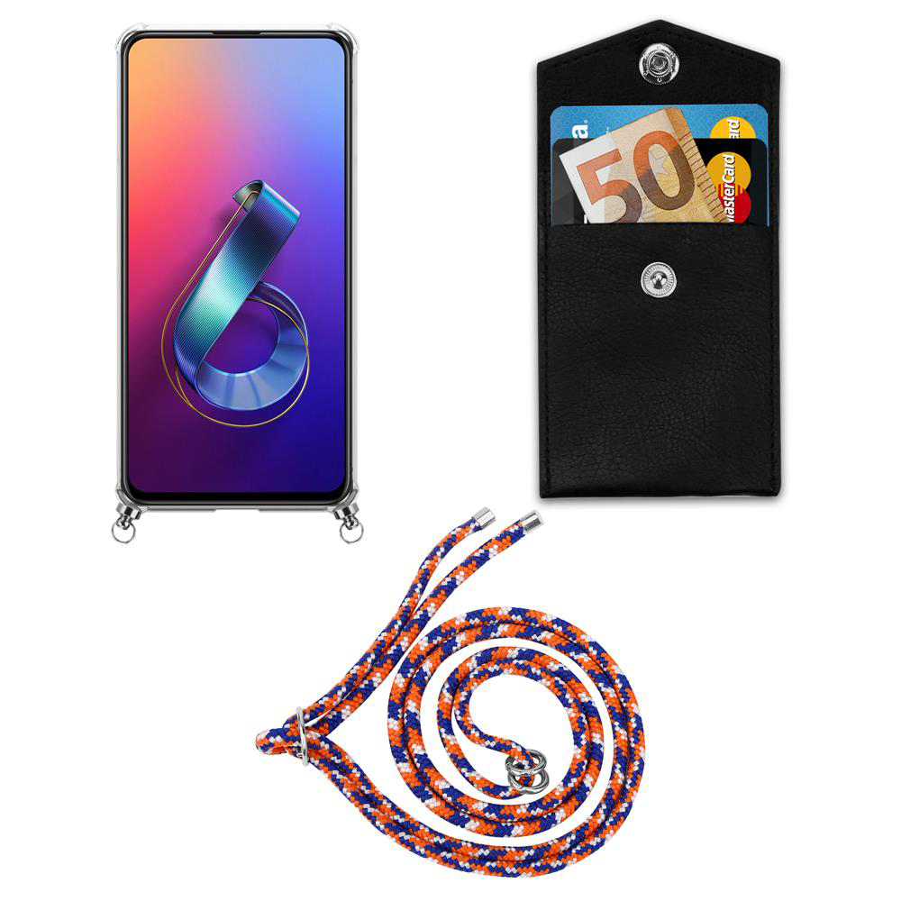 Ein Smartphone, eine schwarze Tasche mit Geld und Karte, und eine Kordel.