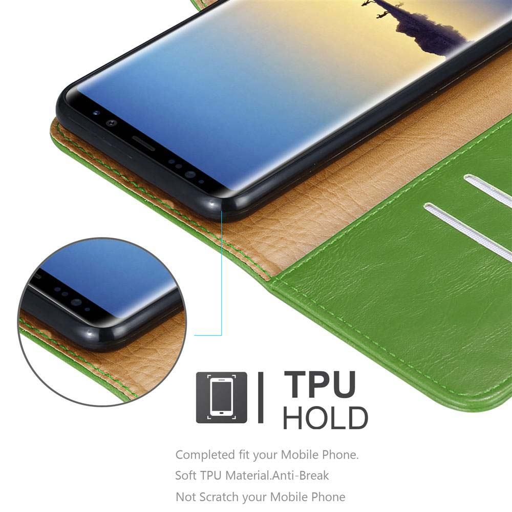 Custodia verde per telefono con telefono all'interno e testo su supporto TPU.