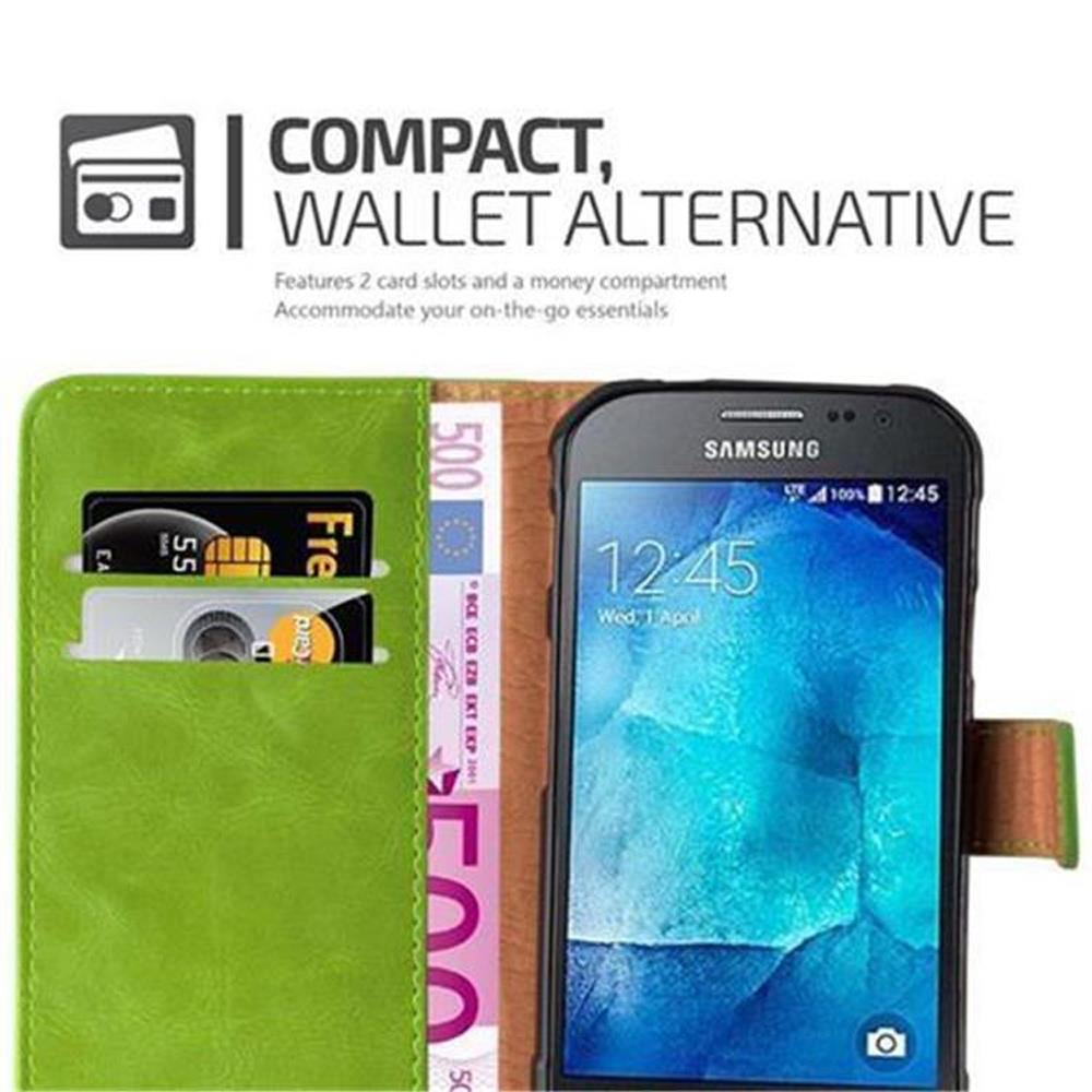 Portafoglio verde con telefono Samsung, carte e banconote.