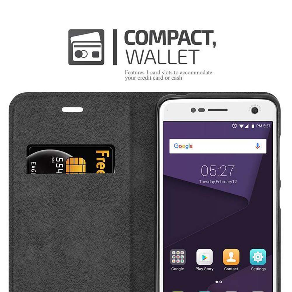 Eine schwarze Wallet-Hülle mit einem Telefon, das eine Uhr und Google-Apps zeigt. Eine Karte ist sichtbar.