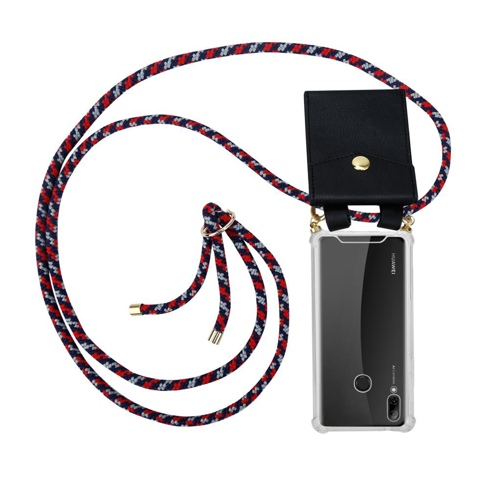 Custodia per telefono con cordino e porta carte nero, rosso, blu.