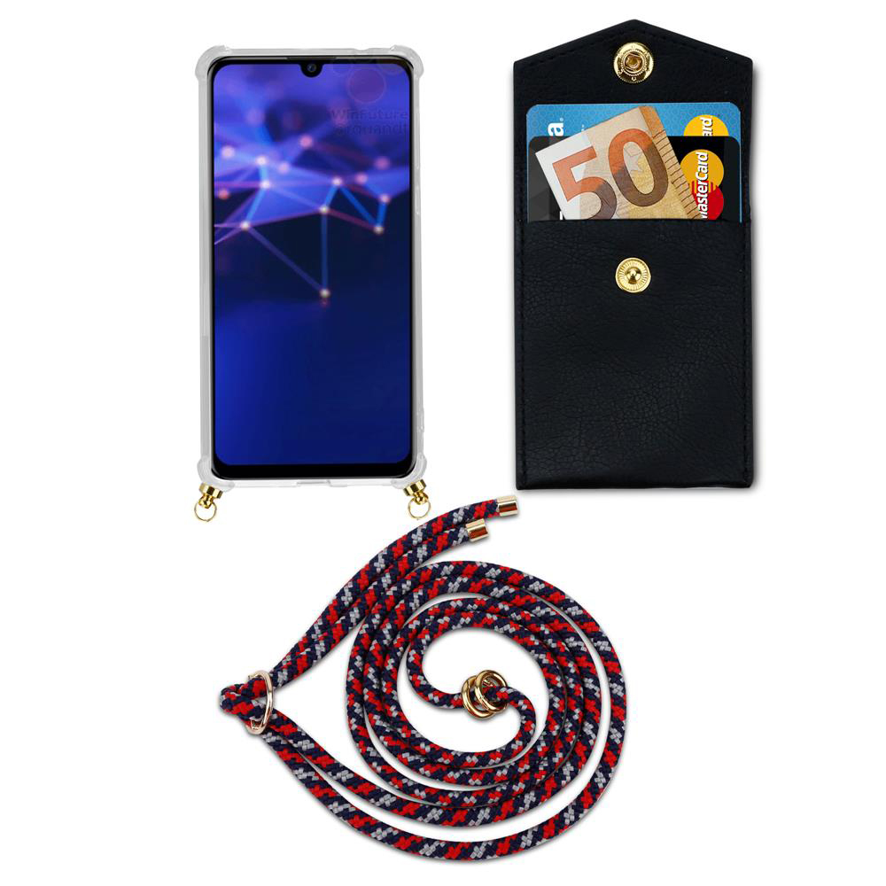 Smartphone in custodia, portafoglio nero con soldi e carte, cordino.