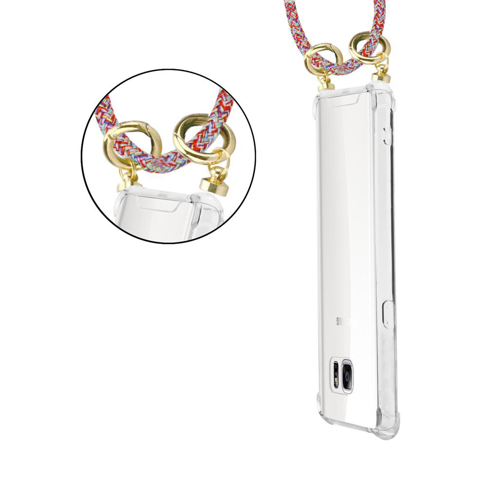 Ein transparentes Handyhülle mit einem bunten Band und goldenen Beschlägen.