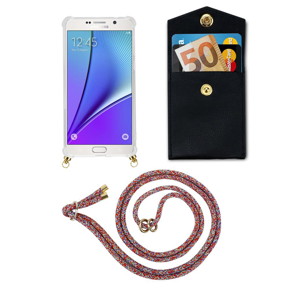 Samsung-Handy mit Hülle, schwarze Brieftasche mit 50-Euro-Schein und Karten, bunte Kordel.