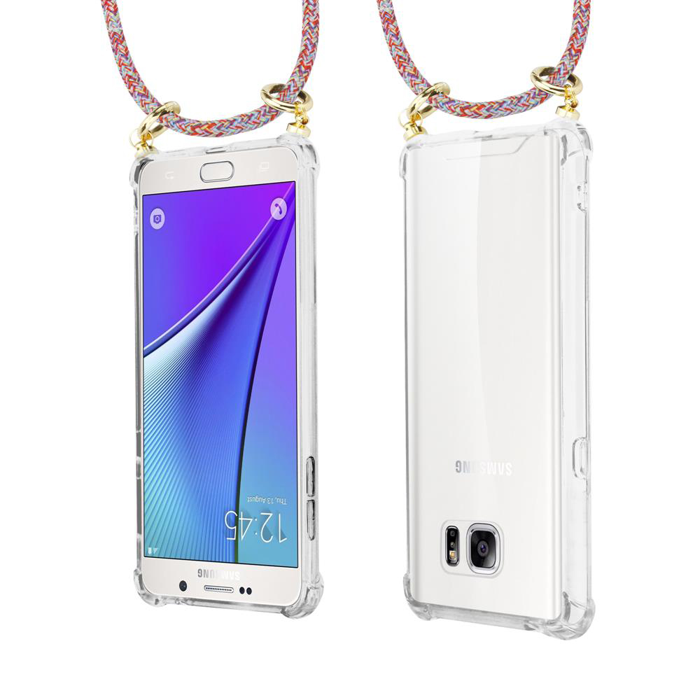 Ein Smartphone in einer durchsichtigen Hülle mit Band, Vorder- und Rückansicht.