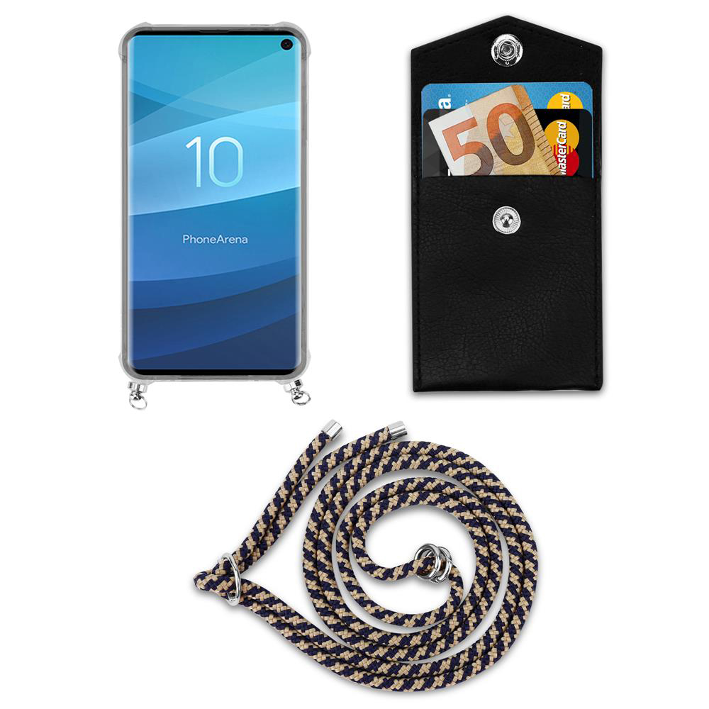 Telefono con cordino, porta carte nero con banconota da 50 euro e carta.